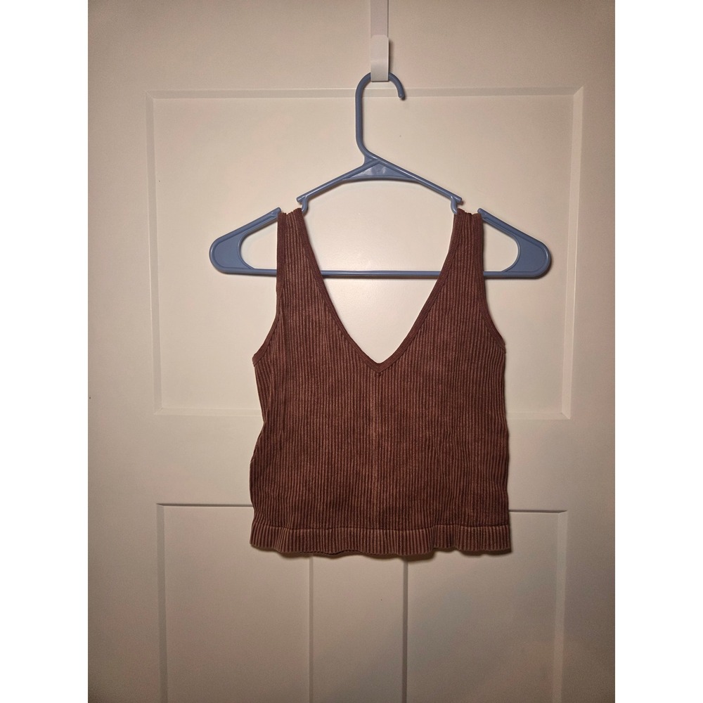 Aura Ribbed V-Neck Crop Tank Top Brown Mineral Wash Seamless Knit XL/XXL